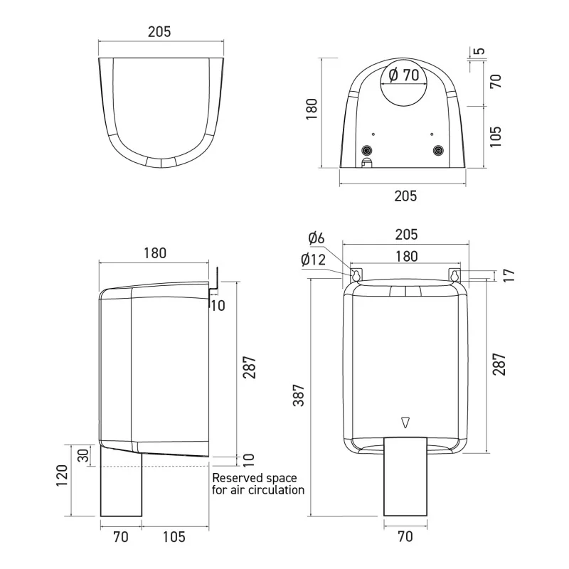 Dimensioned drawing of the hand dryer: 205 x 287 mm, Ø70 nozzle, 120 air circulation gap Dimensioned drawing of the hand dryer: 205 x 287 mm, Ø70 nozzle, 120 air circulation gap