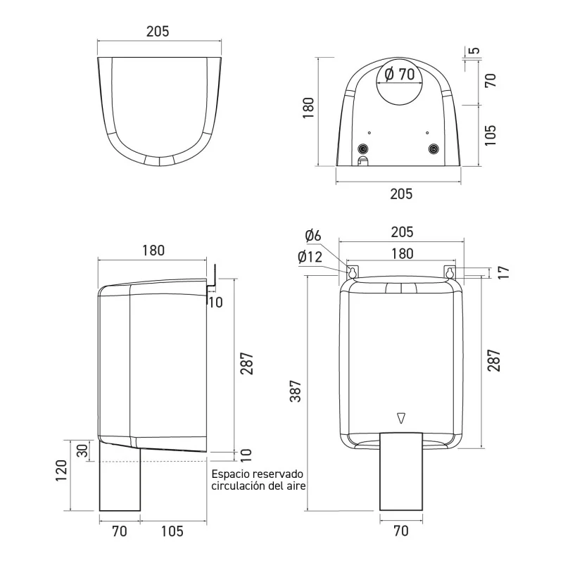 Plano acotado del secamanos: 205 x 287 mm, boquilla Ø70, espacio de circulación de aire de 120 Plano acotado del secamanos: 205 x 287 mm, boquilla Ø70, espacio de circulación de aire de 120