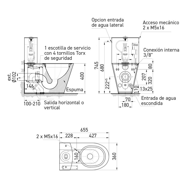 Dimensiones del inodoro monobloc de acero inoxidable ULTIMA Dimensiones del inodoro monobloc de acero inoxidable ULTIMA