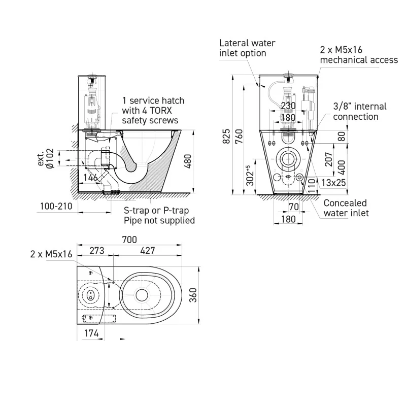 Dimensions of the ULTIMA raised stainless steel one-piece toilet for accessible bathrooms