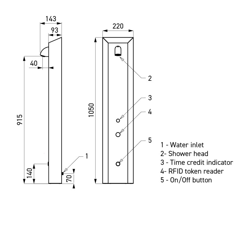 Diagram of shower panel, RFID token and signage Diagram of shower panel, RFID token and signage