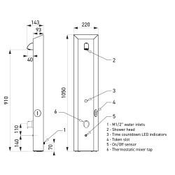 Dimensioned drawing of the shower column: 1050 x 220 mm, side view and numbered callouts Dimensioned drawing of the shower column: 1050 x 220 mm, side view and numbered callouts