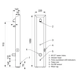 Dimensioned drawing of the shower panel: 1050 mm high, 220 mm wide, 70 mm deep, head at 910 mm Dimensioned drawing of the shower panel: 1050 mm high, 220 mm wide, 70 mm deep, head at 910 mm