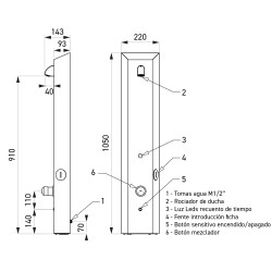 Plano acotado del panel: 1050 mm de alto, 220 mm de ancho, 70 mm de fondo, rociador a 910 mm
