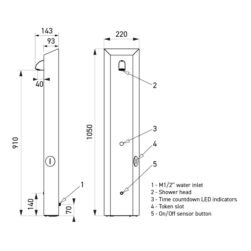 Dimensioned drawing of the shower column: 1050 x 220 mm, 910 body and 140 base Dimensioned drawing of the shower column: 1050 x 220 mm, 910 body and 140 base