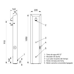 Plano acotado de la columna de ducha: 1050 x 220 mm, cuerpo de 910 y base de 140