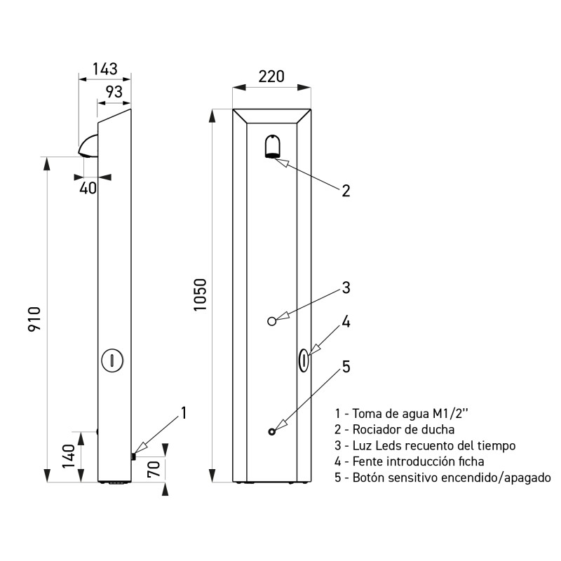Plano acotado de la columna de ducha: 1050 x 220 mm, cuerpo de 910 y base de 140