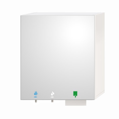 Mirror cabinet including soap, water and paper towels for high attendance places