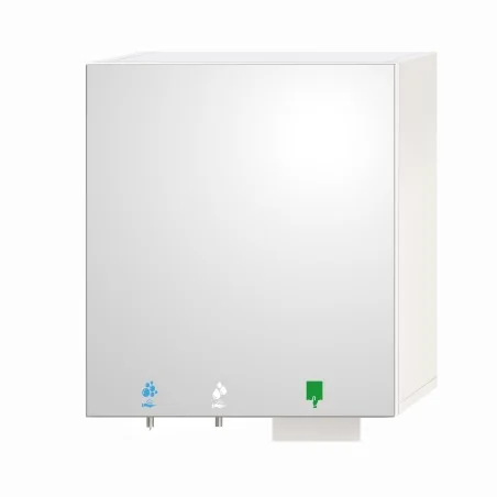 Mirror cabinet including soap, water and paper towels for high attendance places