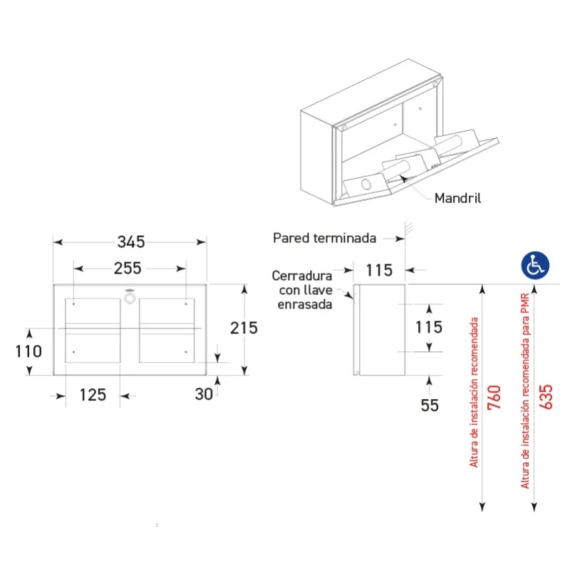 Dimensiones soporte doble para papel inodoro acero inox, L345 x H215 x P115 mm Dimensiones soporte doble para papel inodoro acero inox, L345 x H215 x P115 mm