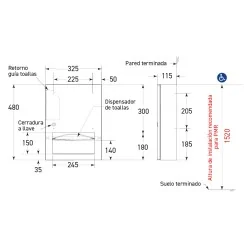 Distribuidor de papel secamanos en acero inoxidable, esquema de dimensiones e instalación mural