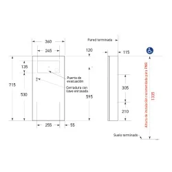 Dimensiones papelera mural acero inox compuerta pulsador 12L, profundidad, ancho y alto