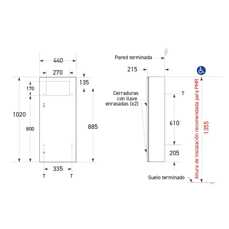 Dimensiones cubo mural 45L acero inox, alto 1020 mm ancho 440 mm fondo 215 mm