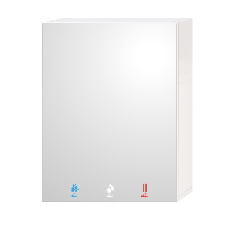 Wall-mounted cabinet with integrated soap, water, and air behind the mirror